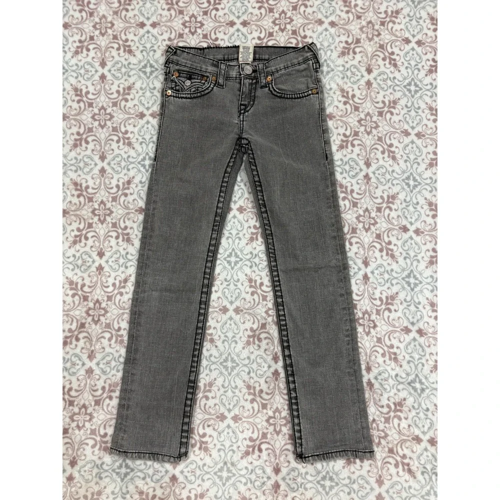 True Religion Boys Gray Straight Leg Jeans Size 14 Thick Stitch Horseshoe Logo